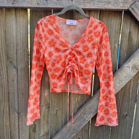 Florence by Mills exclusive ABOUT YOU ‘Foggy’ Flare Sleeve Y2K Top in Orange - Picture 6 of 14